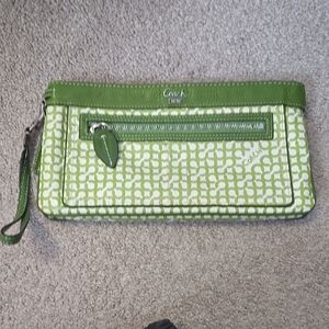 Coach Green and White Wristlet